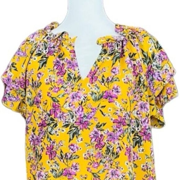 Pleione Floral  Mustard  Cottage Core Split Neck Blouse, Ruffled Sleeves size M - Picture 2 of 6